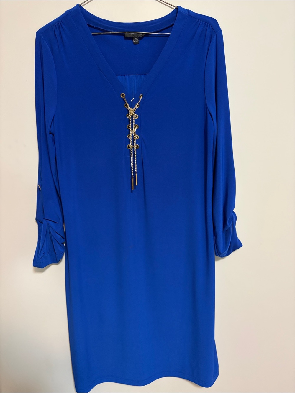 Spense Royal Blue V-Neck Midi Dress with Gold Lace-Up Accent